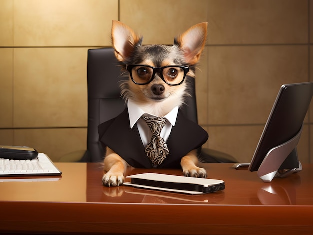 Foto cane chihuahua che lavora in ufficio concetto di capo o capo del presidente dell'ufficiale dell'animale domestico immagine generata dall'intelligenza artificiale