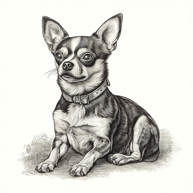 chihuahua engraving style closeup portrait black and white drawing cute dog favorite pet