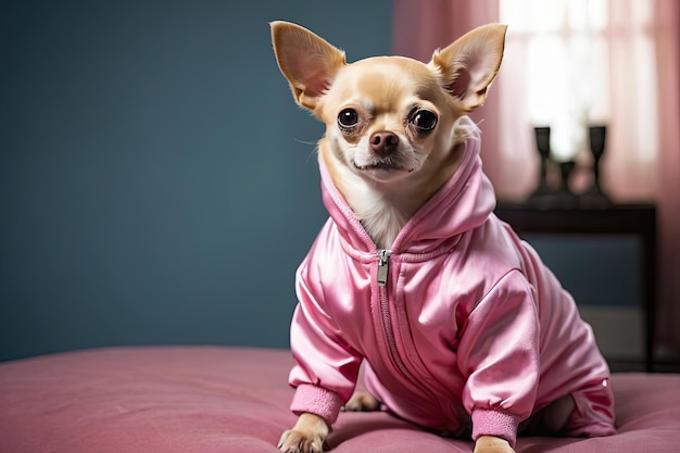 Photo a chihuahua female dog in a pink shiny glamorous jacket indoor at home dog fashion animal clothing ai generated