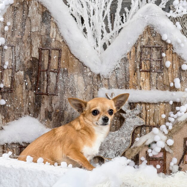 Chihuahua in front of a Christmas scenery