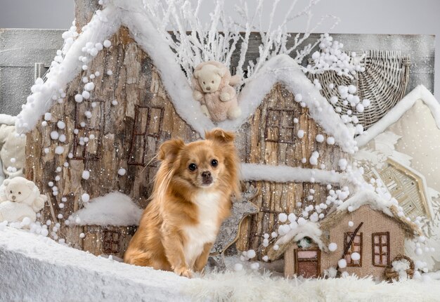 Chihuahua in front of a Christmas scenery