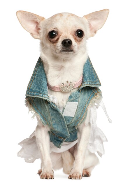 Chihuahua gekleed in denim, 10 maanden oud, zittend