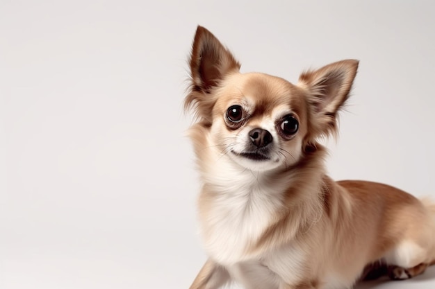 Chihuahua gezelschap hond poseert schattig speelse crème bruine hondje of huisdier spelen geïsoleerd op witte studio achtergrond concept van beweging actie beweging huisdieren liefde ziet er gelukkig verheugd grappig