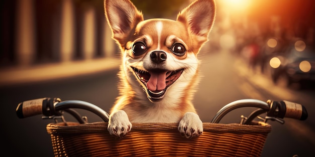Chihuahua-hond heeft een leuke fietstocht op zonnige ochtend in de zomer op straat in de stad