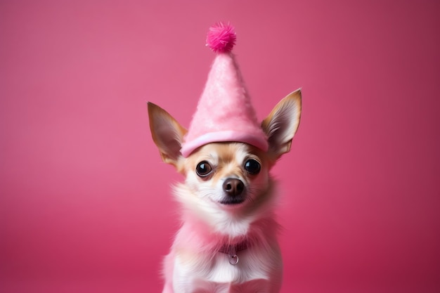 Chihuahua hond met een roze hoed op een roze achtergrond