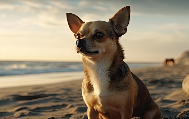 Chihuahua is sitting on the beach professional advertising post photo ai generated