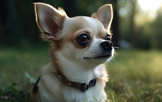 Chihuahua is sitting on the grass in the park professional advertising post photo ai generated