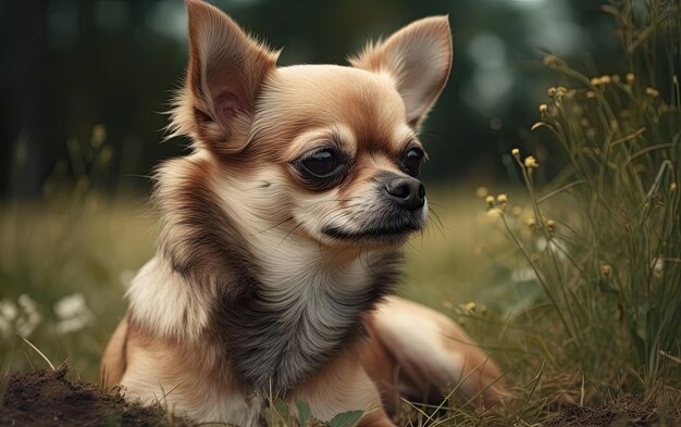 치와와 (Chihuahua) 는 공원의 잔디에 앉아 있습니다.