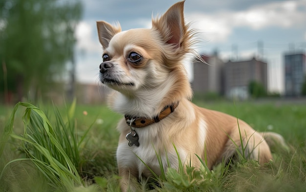치와와 (Chihuahua) 는 공원의 잔디에 앉아 있습니다.