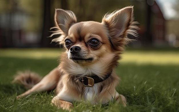 Chihuahua is sitting on the grass in the park professional advertising post photo ai generated