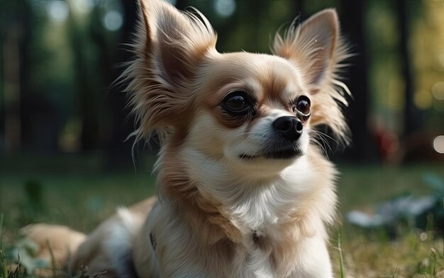 Foto chihuahua è seduto sull'erba nel parco professionale pubblicità post foto ai generato