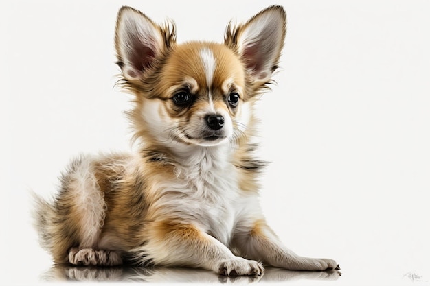 A chihuahua is sitting on a table.