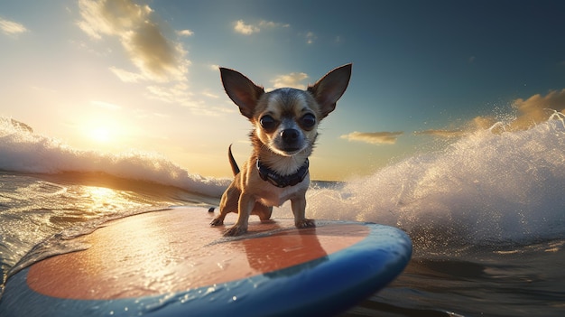 A chihuahua is standing on a surfboard in front of a sunset.