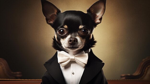 A Chihuahua In Miniature Tuxedo And Bow Tie Background