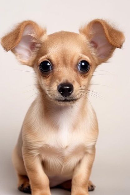 A chihuahua puppy with big ears and a black nose.