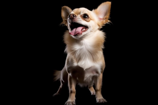 A chihuahua sits on a black background with its mouth open.