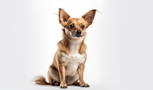 A chihuahua sits in front of a white background.