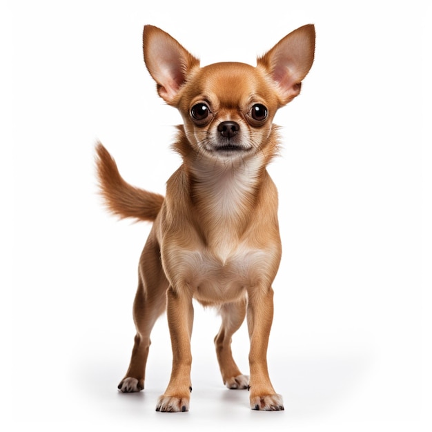 Chihuahua sitting and looking at camera against white background