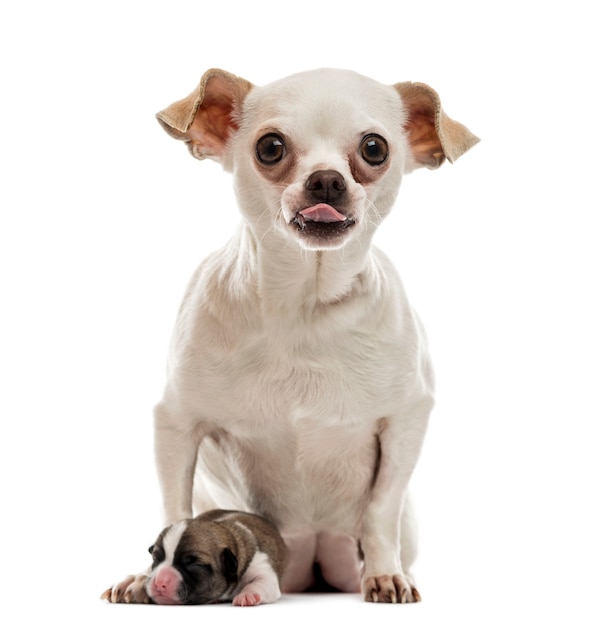 Chihuahua sitting with his puppy sticking his tongue out and looking at the camera