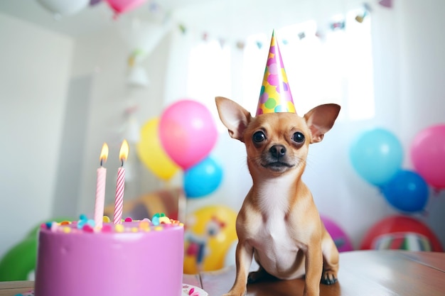 Chihuahua viert het in stijl met hondencake en ballonnen