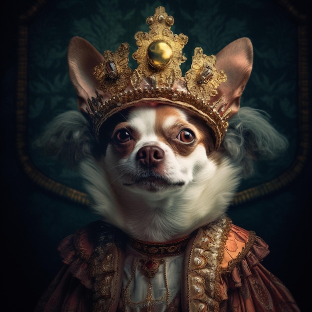 A chihuahua wearing a crown is wearing a gold crown.