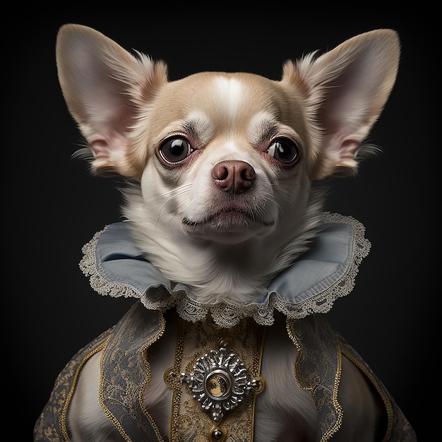 A chihuahua wearing a dress and a coat with a brooch on it.