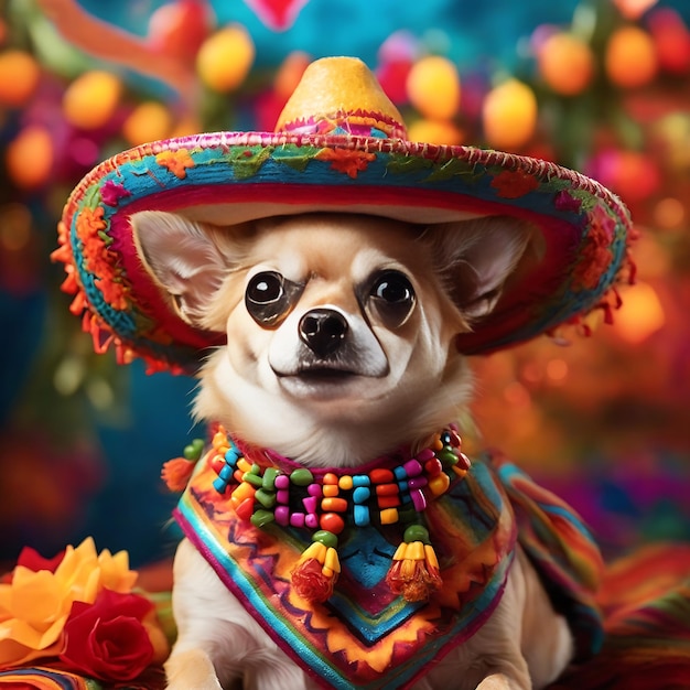 Chihuahua wearing a festive sombrero surrounded by a vibrant Cinco de Mayo Ai Generated