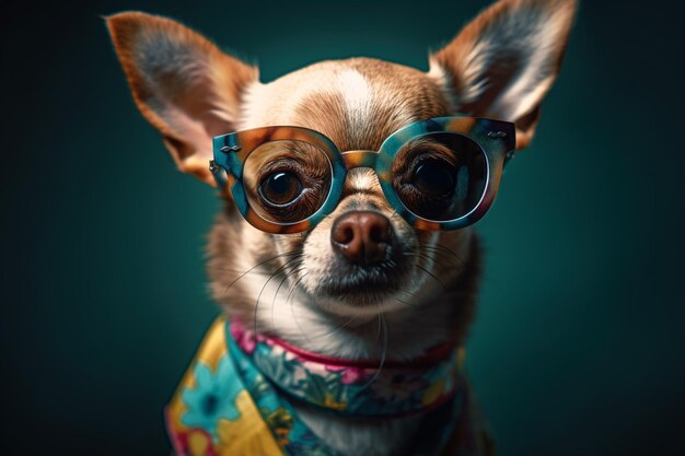 A chihuahua wearing glasses and a colorful shirt.