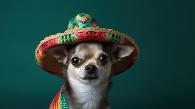 A chihuahua wearing a sombrero and a mexican hat