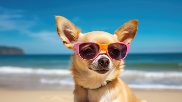 chihuahua wearing sunglasses on a summer beach Generative Ai