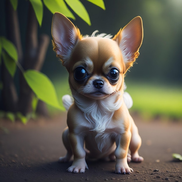 A chihuahua with big eyes sits on the ground.