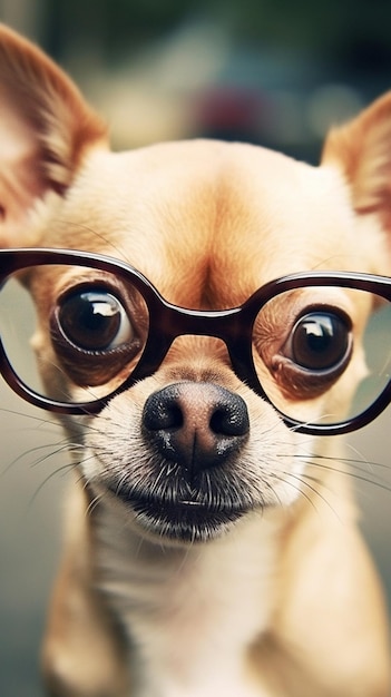 A chihuahua with big glasses and a big round glasses