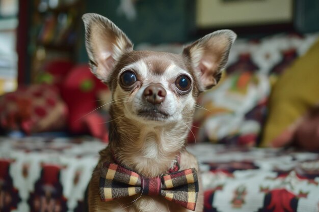 Foto chihuahua con un barbo di capra in miniatura e un papillon