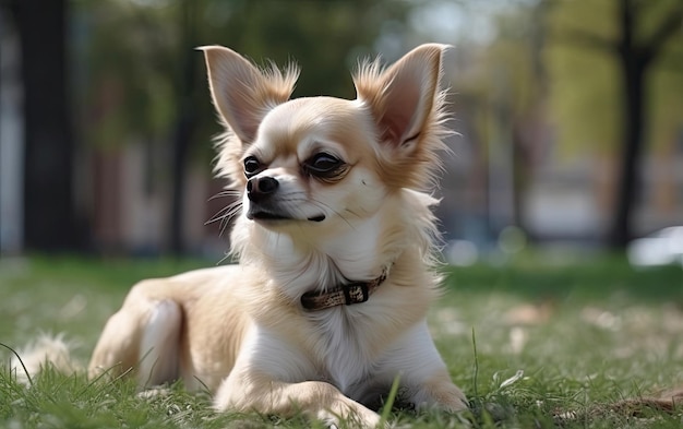 Chihuahua zit op het gras in het park professionele reclame post foto ai gegenereerd