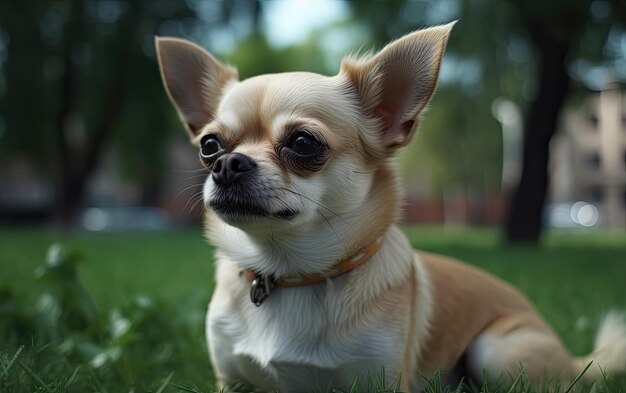 Chihuahua zit op het gras in het park professionele reclame post foto ai gegenereerd