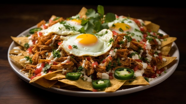 Photo chilaquiles fried tortilla dish topped with salsa eggs and more