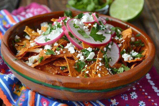 Chilaquiles garnished with sliced radishes for added crunch