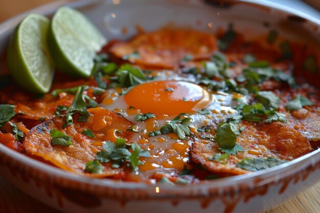 Chilaquiles geserveerd met een kant van pittige limoen wiggen voor het persen