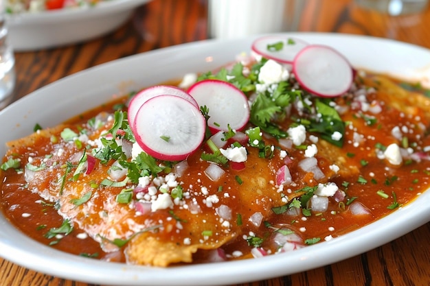 Chilaquiles topped with sliced radishes