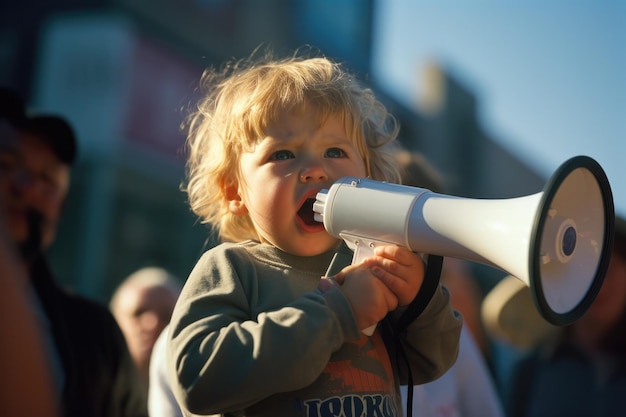 Photo child activist protesting with megaphone during a demonstration first person view cinematic lighting