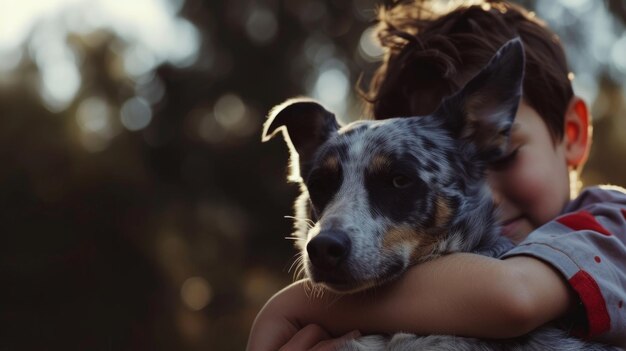 Photo a child affectionately hugs his blue heeler pet dog with large copyspace area