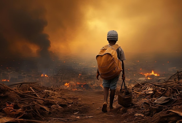 アフリカの子供 ディストピアの都市風景のスタイルでバッグを持った少年