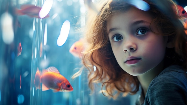 Foto bambino sullo sfondo di un acquario con pesci