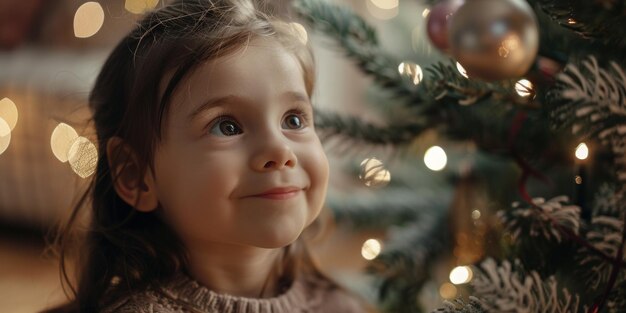 child against the background of a Christmas tree Generative AI
