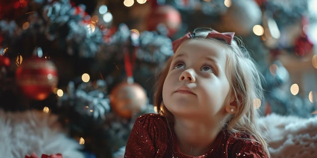 child against the background of a Christmas tree Generative AI