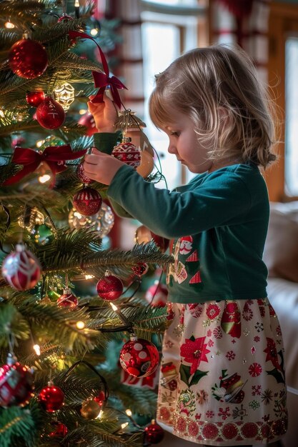 child against the background of a Christmas tree Generative AI