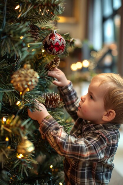 child against the background of a Christmas tree Generative AI