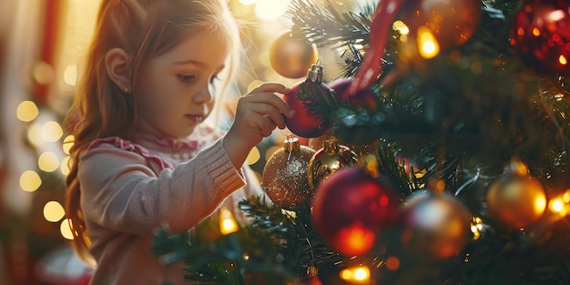 child against the background of a Christmas tree Generative AI