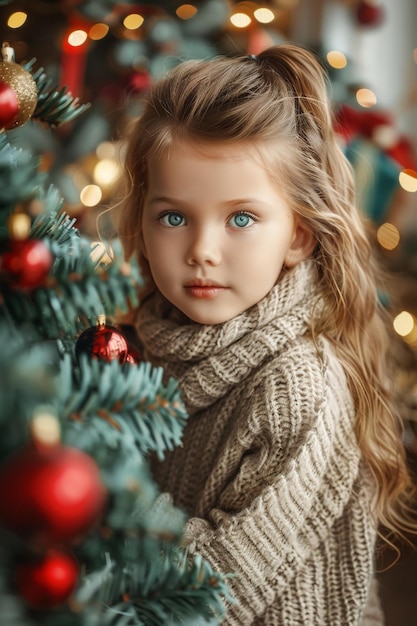 child against the background of a Christmas tree Generative AI