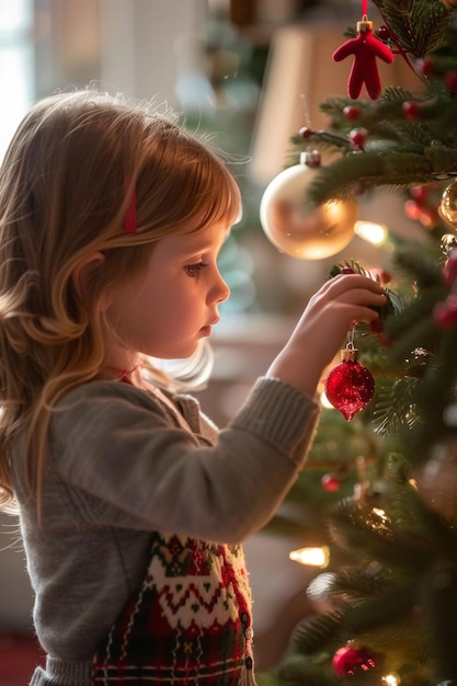 child against the background of a Christmas tree Generative AI